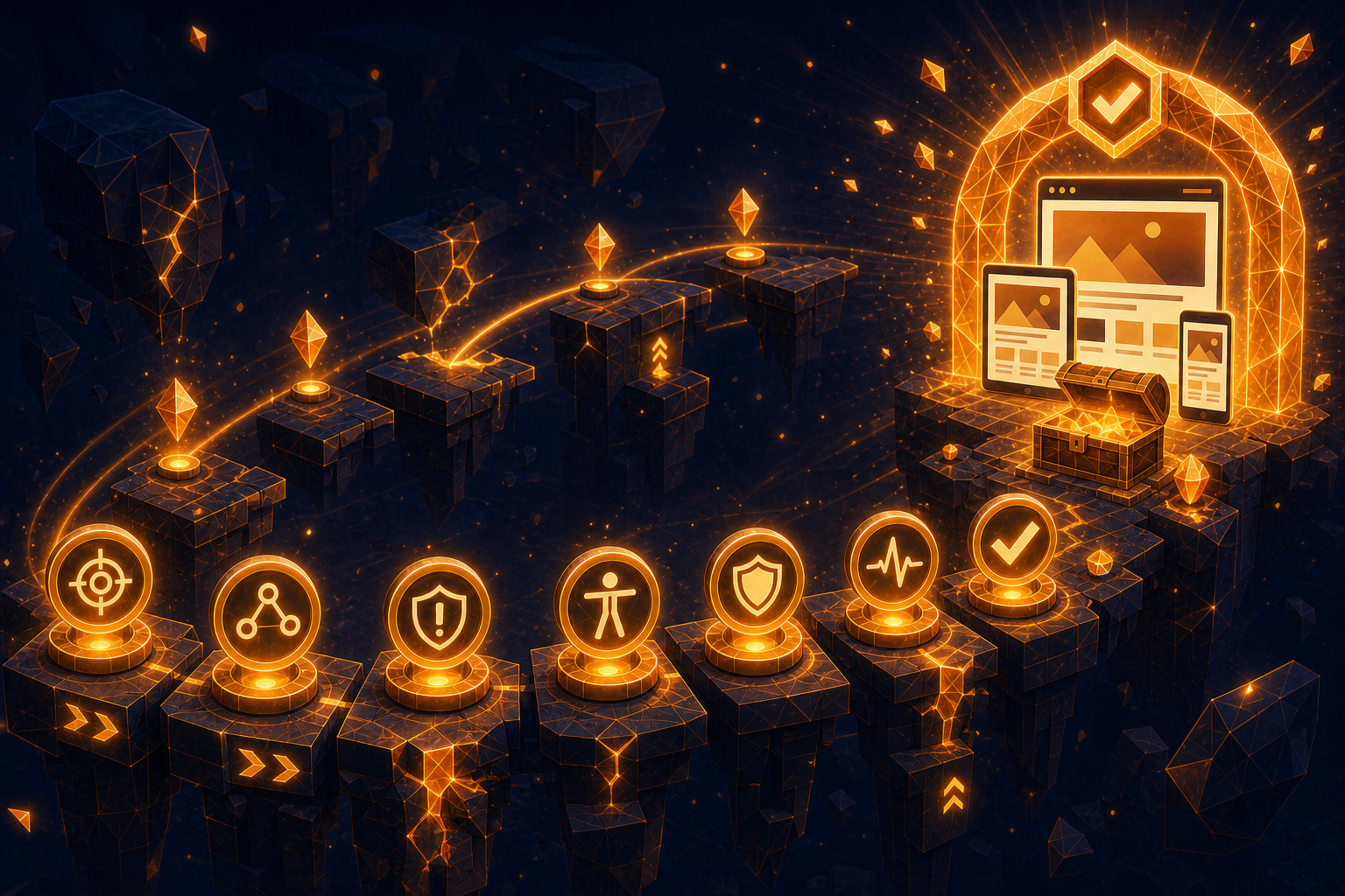 Die digitale Creaiter-Eule durchläuft sieben goldene Prüfpunkte von einer Website-Skizze bis zum freigegebenen Webportal