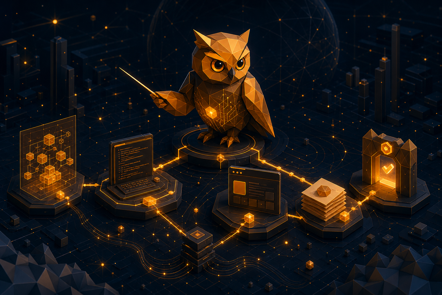 Orange-goldene digitale Eule koordiniert in einer dunklen Facettenwelt mehrere verbundene Coding- und Prüfschritte